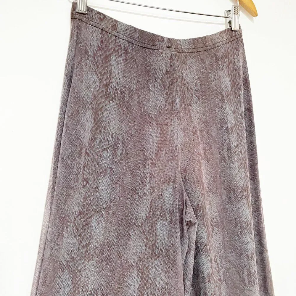 Cache Snake Print Lined mesh Sheer Flowy Palazzo Purple Taupe Wide Leg Pants M - Picture 2 of 12